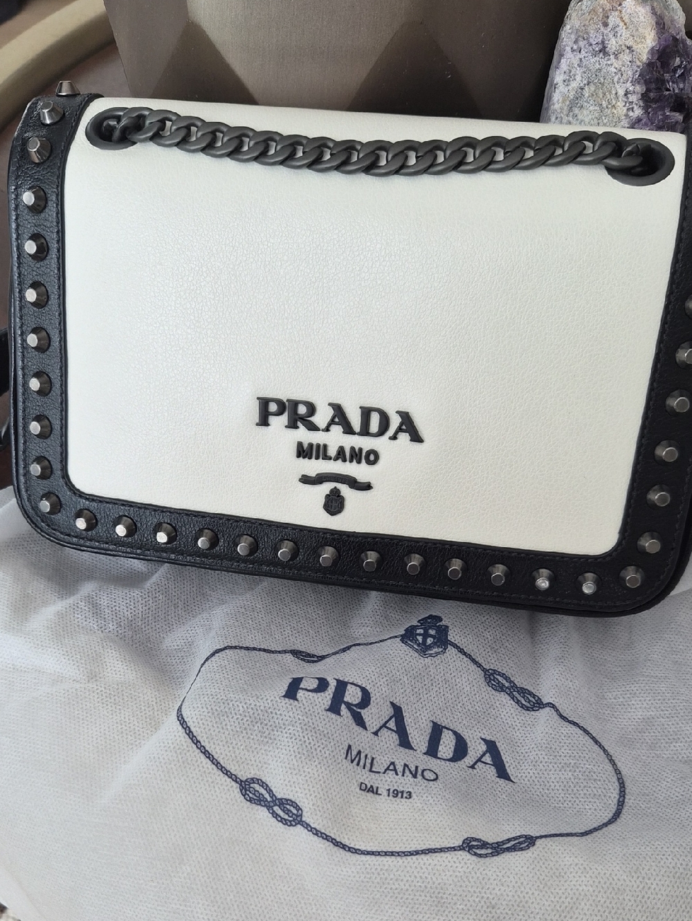 Prada Two-Tone Studded Leather Shoulder Bag - White & Black NWT
